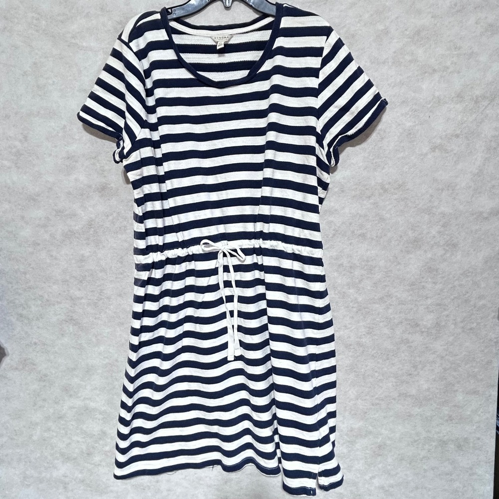 Sonoma Goods for Life Navy Blue White Striped‎ Drawstring T-Shirt Dress XL